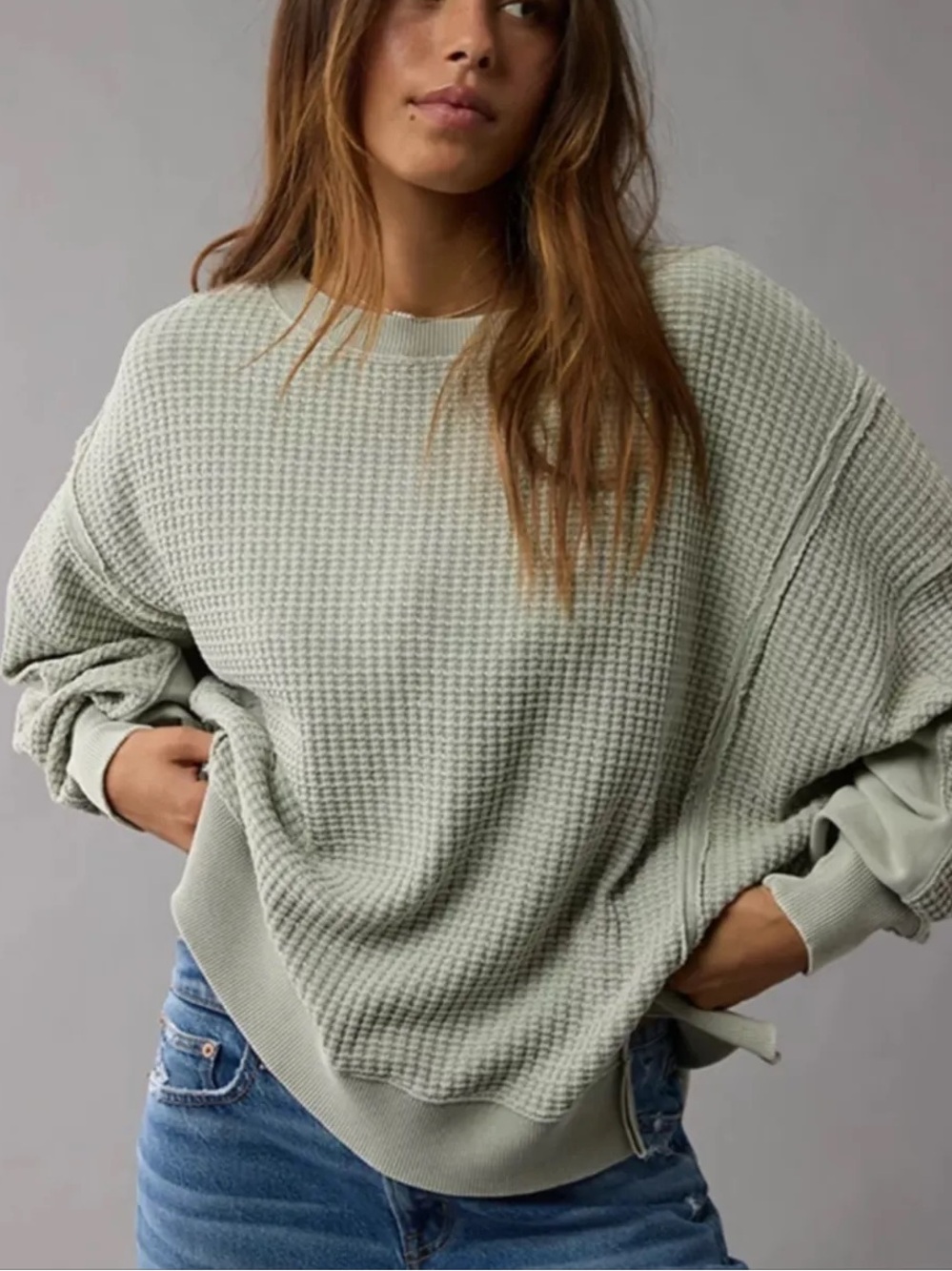 American Eagle Big Hug Waffle Crew Neck Sweatshirt Size Medium Green Big Hug